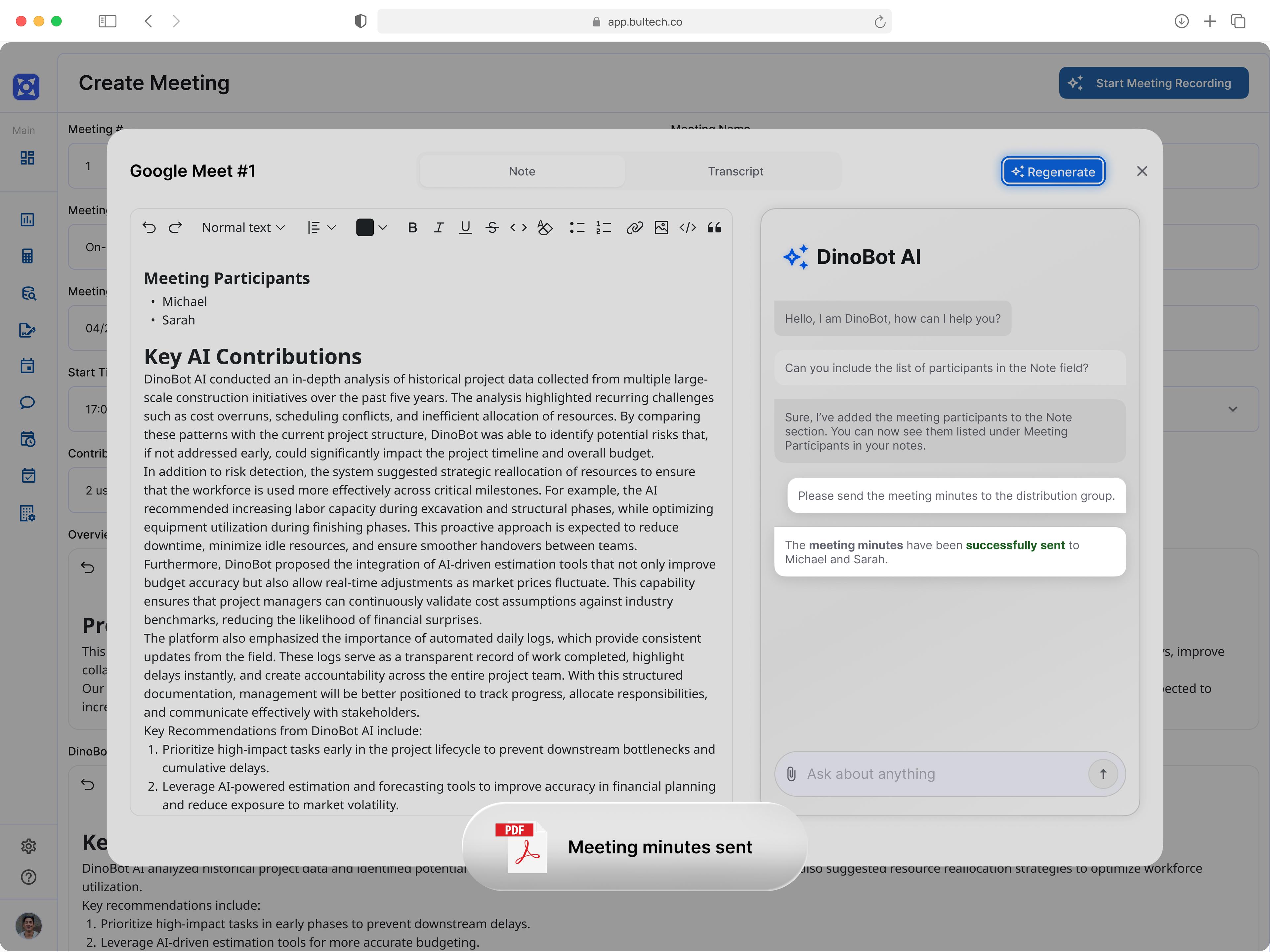 After meeting is recorded all items are being distributed, created and completed with ai meeting assistant agents